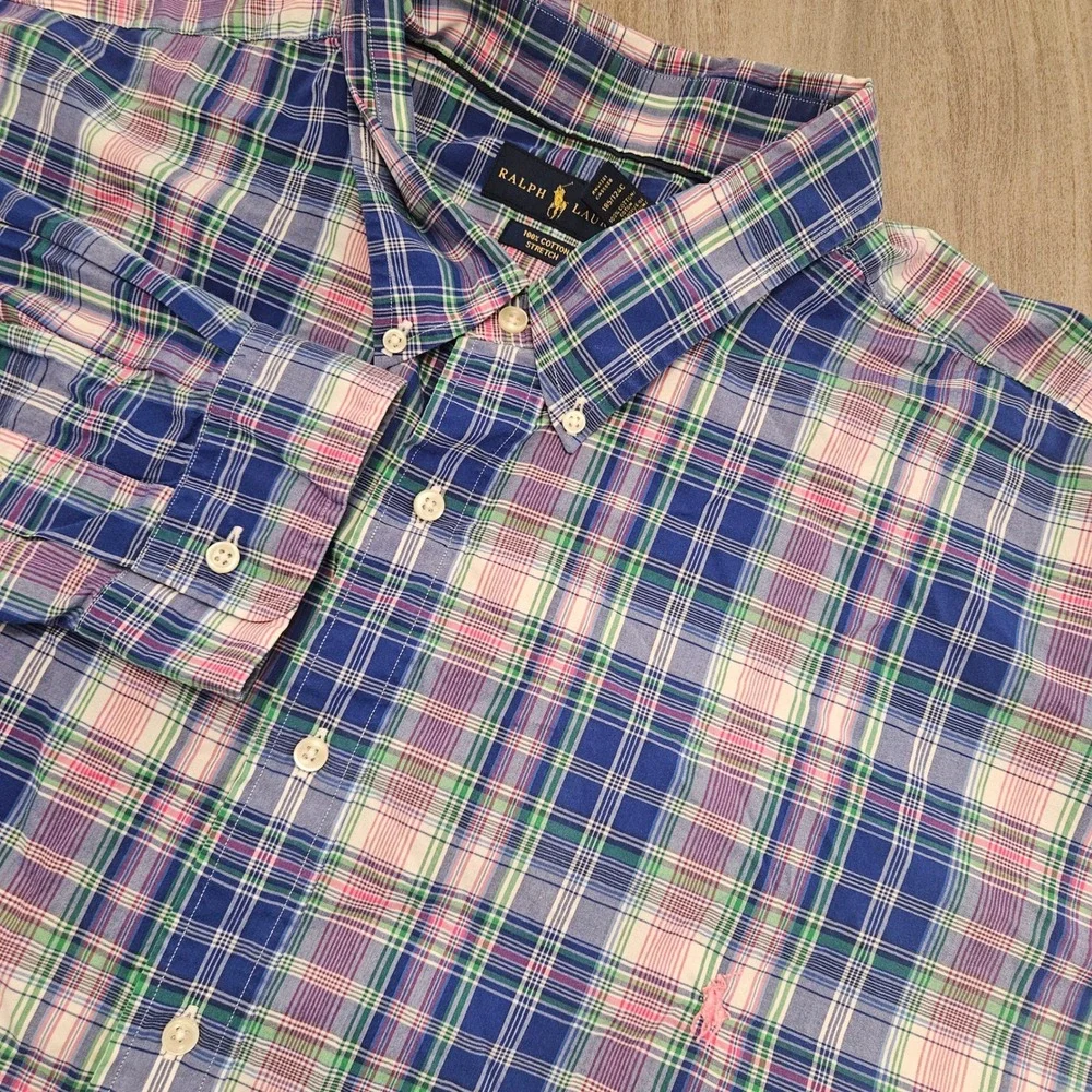 Ralph Lauren Mens 4XB Plaid Button Down Shirt Blue Pink Cotton Stretch Longsleev